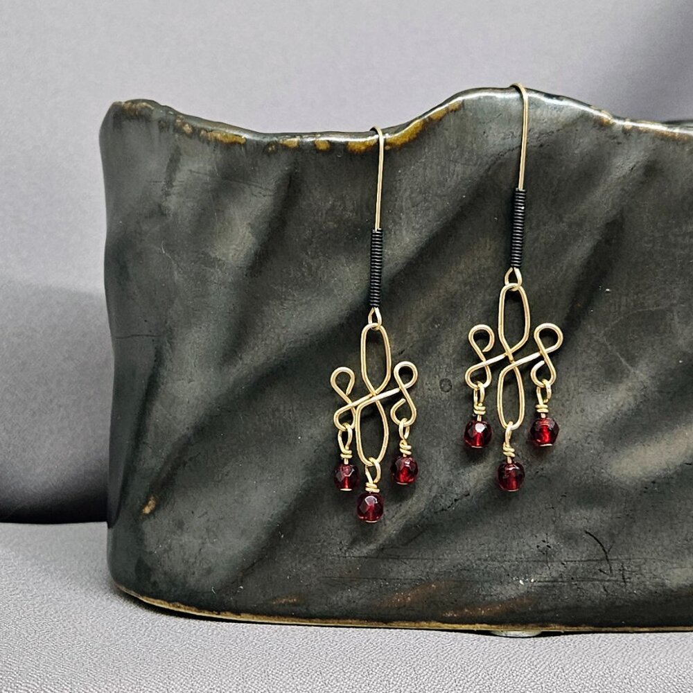 GU Earrings, Red Glass Beads w/ 14k Gold Filled Wire Wrap links, Handmade 2.5"